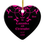 Hot pink flower on black save the date heart ornament