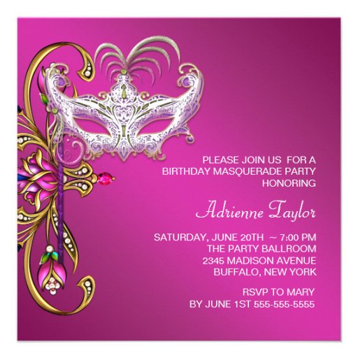 Hot Pink Fuchsia Pink Masquerade Party Personalized Announcement