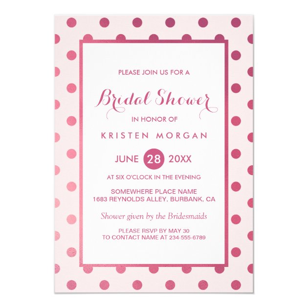 Hot Pink Girly Polka Dots Modern Bridal Shower 5x7 Paper Invitation Card