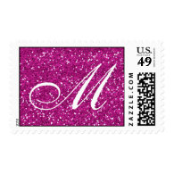 Hot Pink Glitter  Custom Monogram Postage Stamps