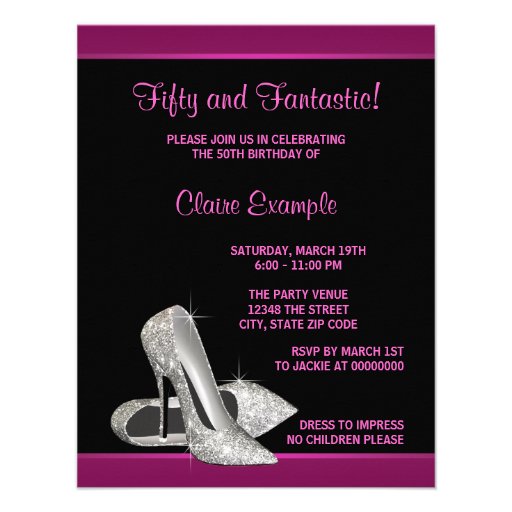 Hot Pink Glitter High Heels Womans 50th Birthday Invitations (front side)