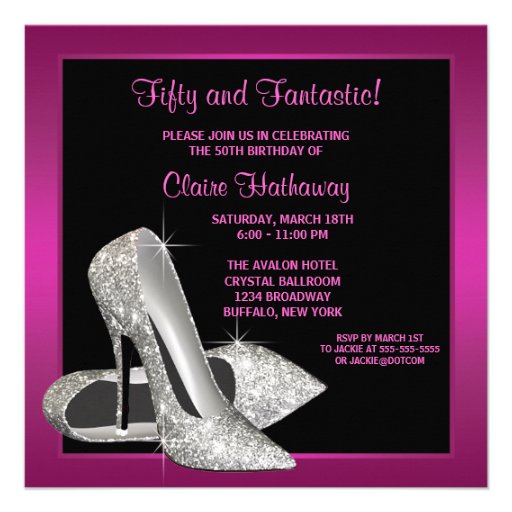 Hot Pink Glitter High Heels Womans 50th Birthday Personalized Announcement (front side)