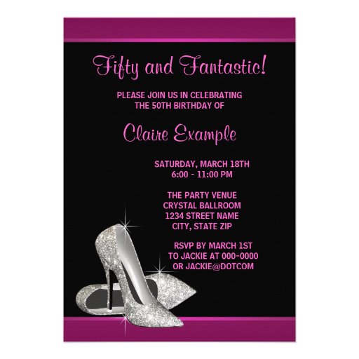 Hot Pink Glitter High Heels Womans 50th Brithday Personalized Invites