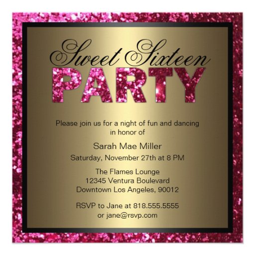 Hot Pink Glitter Sweet Sixteen Invitation