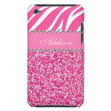 Hot Pink Glitter Zebra Print Rhinestone Girly Case Barely There iPod Covers