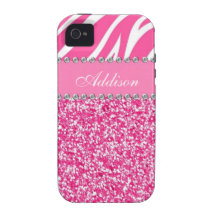Hot Pink Glitter Zebra Print Rhinestone Girly Case iPhone 4 Covers