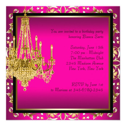 Hot Pink Gold Damask Chandelier Birthday Party Custom Invites
