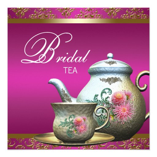 Hot Pink Gold Damask Tea Cup Bridal Shower Custom Invites