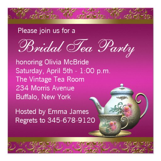 Hot Pink Gold Damask Tea Cup Bridal Shower Custom Invites