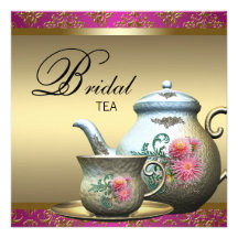 Hot Pink Gold Damask Tea Cup Bridal Shower Invites