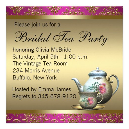Hot Pink Gold Damask Tea Cup Bridal Shower Invites