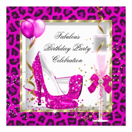 Hot Pink Gold Glitter High Heels Birthday Party Personalized Announcement