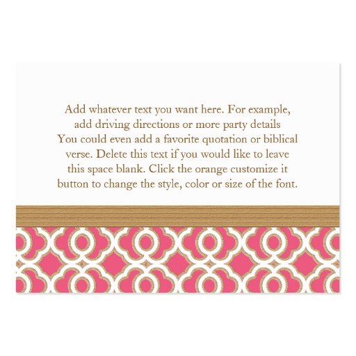 Hot Pink Gold Moroccan Reception Enclosure Card Business Cards (back side)