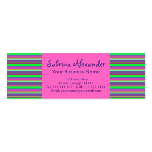 Hot Pink, Green & Purple Girls Fun Retro Stripes Business Card Templates (front side)