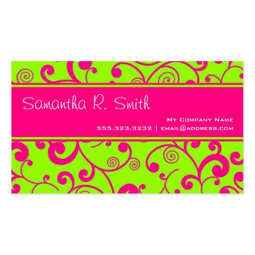 Hot Pink & Green Scroll Stripe Minimal Info Design Business Cards (front side)