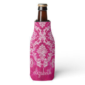 Hot Pink Grunge Damask Pattern Custom Monogram Bottle Cooler
