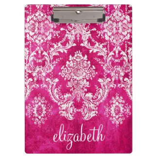 Hot Pink Grunge Damask Pattern Custom Text Clipboard