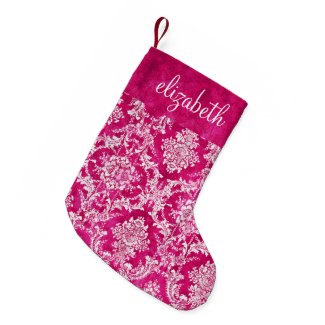 Hot Pink Grunge Damask Pattern Custom Text Small Christmas Stocking