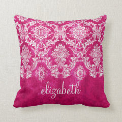 Hot Pink Grunge Damask Pattern Custom Text Pillows
