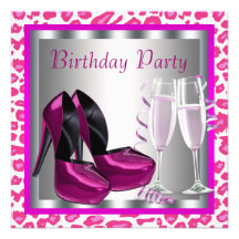 Hot Pink High Heel Shoes Womans Leopard Birthday Personalized Announcements