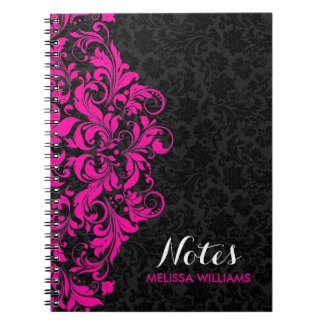Hot Pink Lace Black Damasks Spiral Note Books
