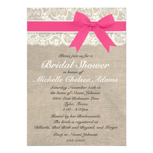 Hot Pink Lace Burlap Bridal Shower Invitation