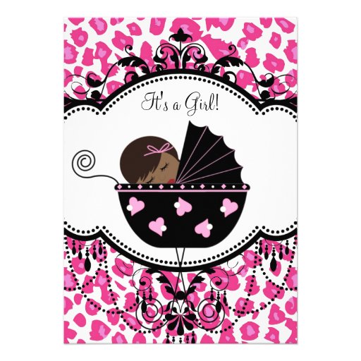 Hot Pink Leopard African American Baby Girl Shower Announcements