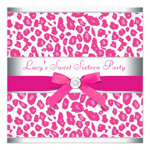 Hot Pink Leopard Bow Pink Leopard Sweet 16 Party Custom Announcements