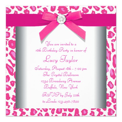 Hot Pink Leopard Bow Pink Leopard Sweet 16 Party Custom Announcements