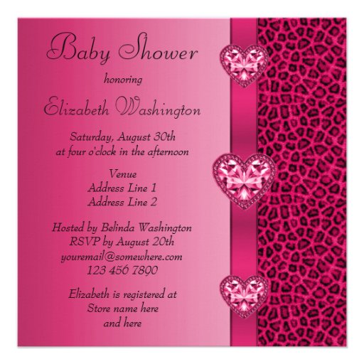 Hot Pink Leopard Print & Bling Heart Baby Shower Custom Invite