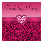Hot Pink Leopard Print & Bling Heart Birthday Personalized Invite