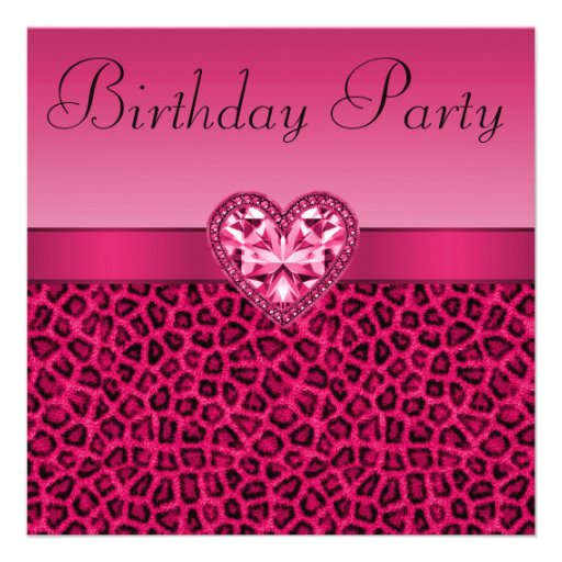 Hot Pink Leopard Print & Bling Heart Birthday Personalized Invite