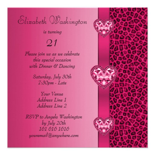 Hot Pink Leopard Print & Bling Heart Birthday Personalized Invite