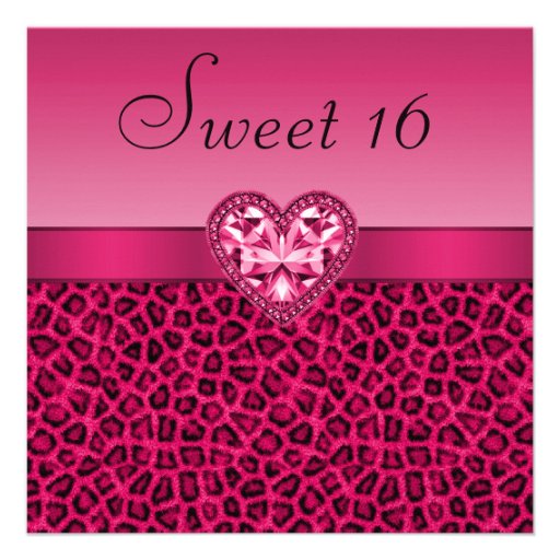 Hot Pink Leopard Print & Bling Heart Sweet 16 Custom Invitation