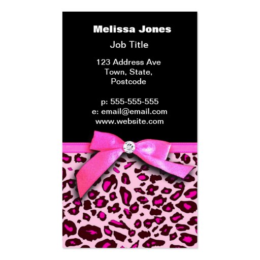 Hot pink leopard print ribbon bow graphic business card templates (front side)