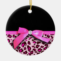 Hot pink leopard print ribbon bow graphic christmas ornaments