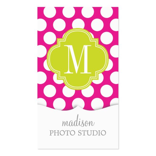 Hot Pink & Lime Green Big Polka Dots Monogrammed Business Cards (front side)