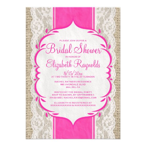 Hot Pink Linen Burlap Lace Bridal Shower Invites