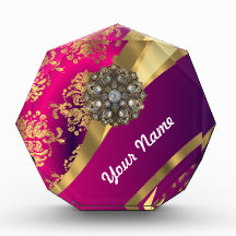 Hot pink Magenta & gold damask Acrylic Award