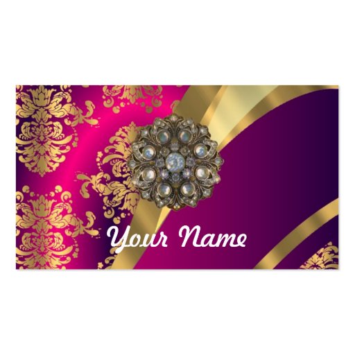 Hot pink Magenta & gold damask Business Card Template (front side)