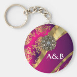 Hot pink Magenta & gold damask Keychains