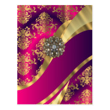 Hot pink Magenta & gold damask Post Card