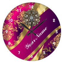 Hot pink Magenta & gold damask Wallclock