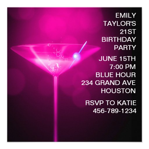 Hot Pink Martini Womans Hot Pink 21st Birthday Custom Announcement