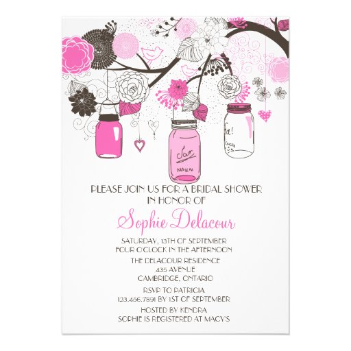 Hot Pink Mason Jars Cute Bridal Shower Invitation from Zazzle.com