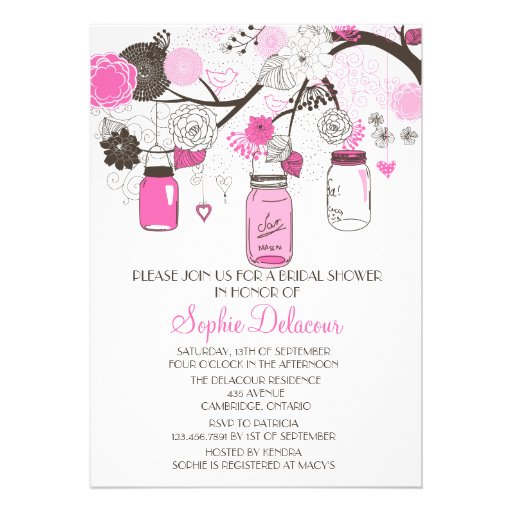 Hot Pink Mason Jars Cute Bridal Shower Invitation