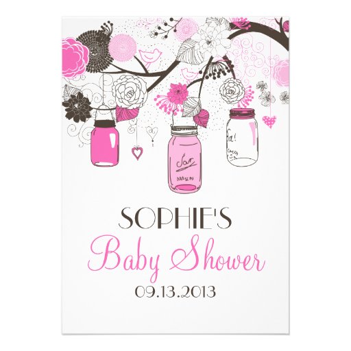 Hot Pink Mason Jars Floral Baby Shower Invitations