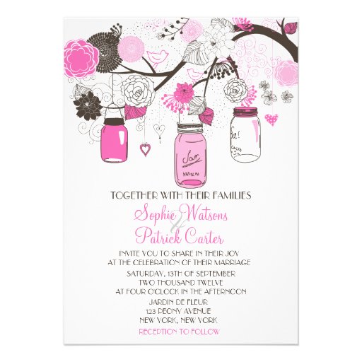 Hot Pink Mason Jars & Flowers Wedding Invitation