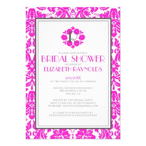 Hot Pink Monogram Damask Bridal Shower Invitations