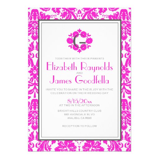 Hot Pink Monogram Damask Wedding Invitations